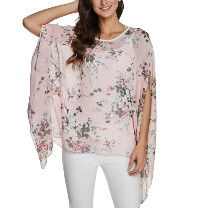 Flowing Chiffon Tunic for Women Featuring a Delicate Floral Pattern: pale pink, white floral botanical print, feminine bohemi