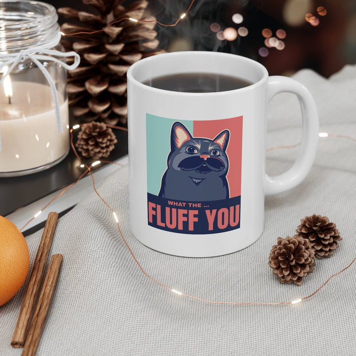 Fluff Mug, The Hilarious Cat-themed Cup: white, dark blue cartoon cat
