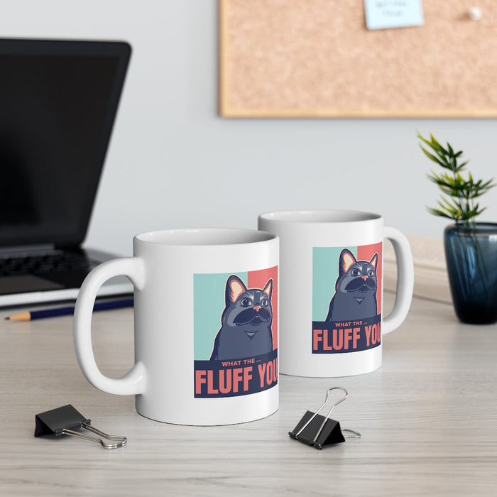 Fluff Mug, The Hilarious Cat-themed Cup: white, dark blue cartoon cat