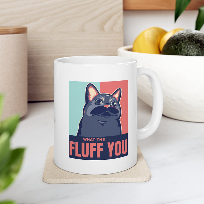 Fluff Mug, The Hilarious Cat-themed Cup: white, dark blue cartoon cat