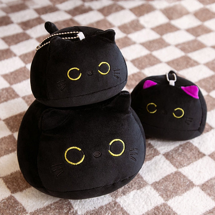 Fluffy Black Kawaii Kitty Plushie: black, yellow black cat, kawaii cartoon style
