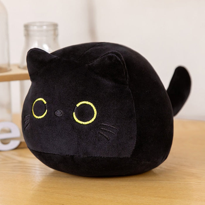 Fluffy Black Kawaii Kitty Plushie: black, yellow black cat, kawaii cartoon style
