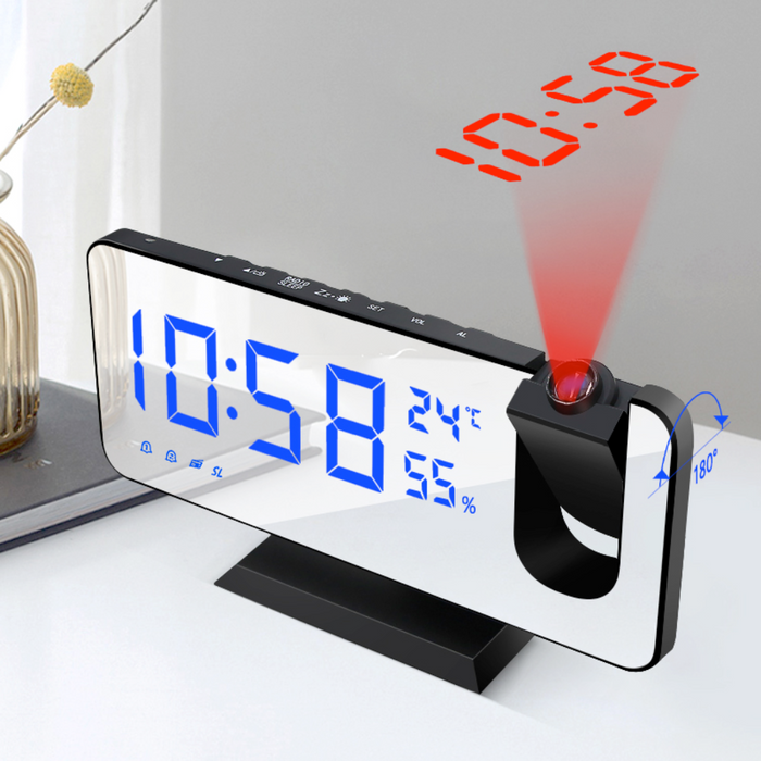 FM Radio Alarm Clock with Digital Display: black, white digital projection alarm clock, minimal modern electronic style