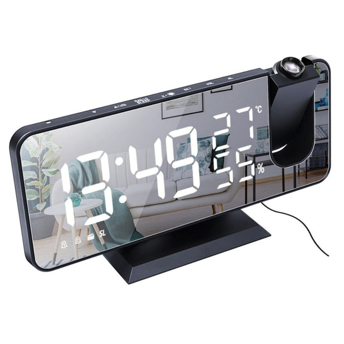 FM Radio Alarm Clock with Digital Display: black, white digital projection alarm clock, minimal modern electronic style