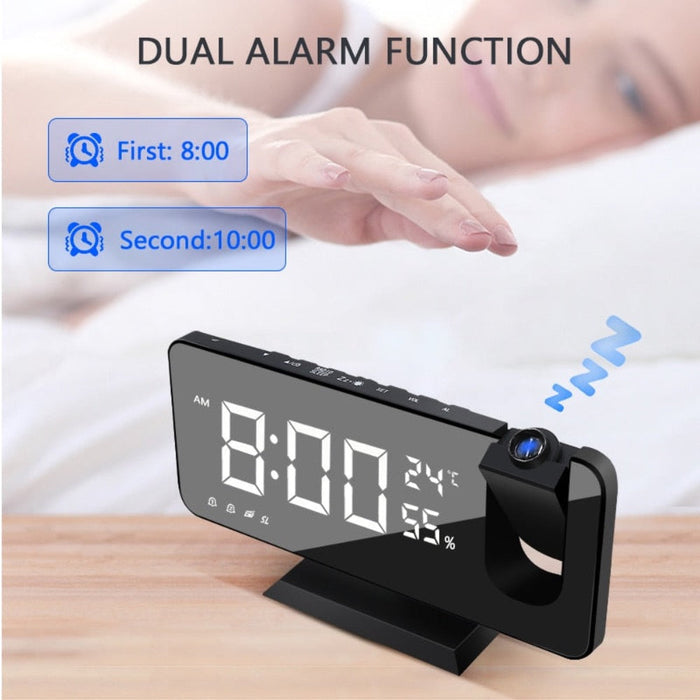 FM Radio Alarm Clock with Digital Display: black, white digital projection alarm clock, minimal modern electronic style
