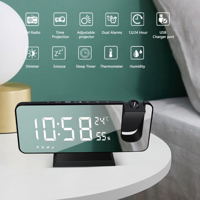 FM Radio Alarm Clock with Digital Display: black, white digital projection alarm clock, minimal modern electronic style