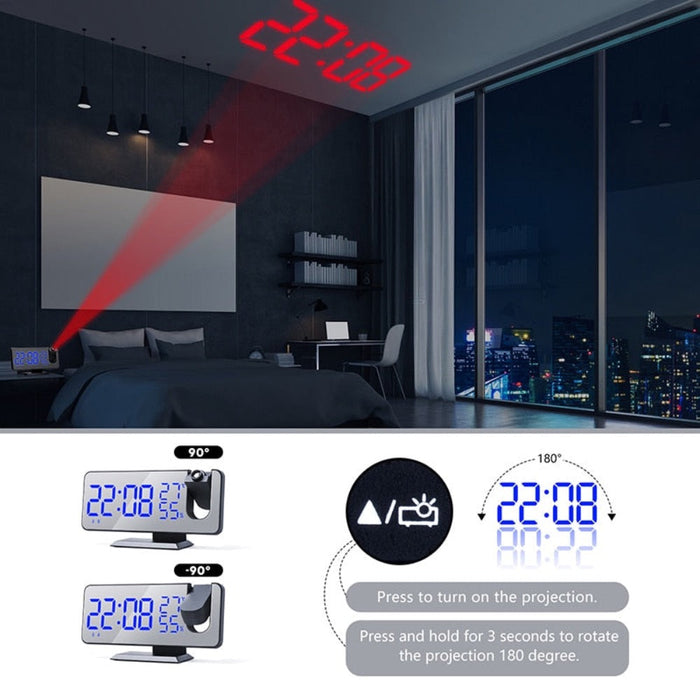 FM Radio Alarm Clock with Digital Display: black, white digital projection alarm clock, minimal modern electronic style