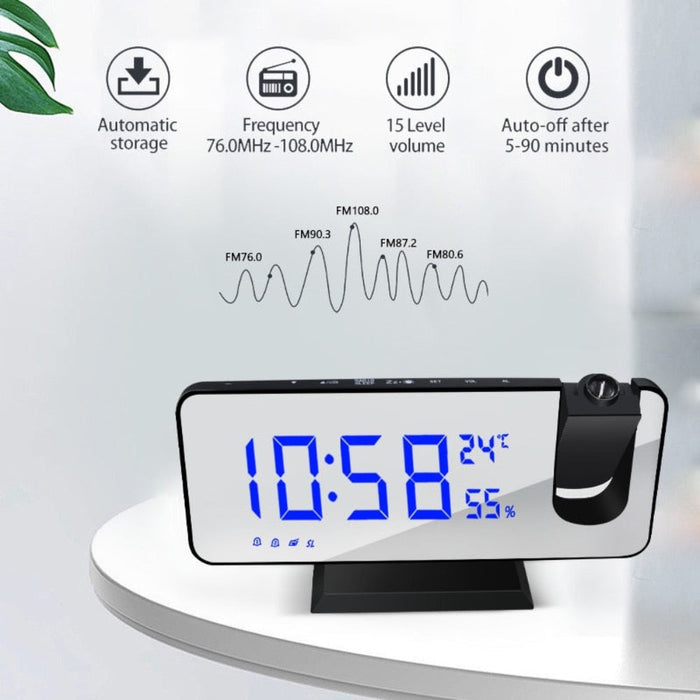 FM Radio Alarm Clock with Digital Display: black, white digital projection alarm clock, minimal modern electronic style
