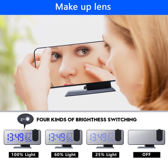 FM Radio Alarm Clock with Digital Display: black, white digital projection alarm clock, minimal modern electronic style