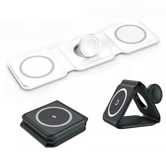 Foldable Wireless Charging Pad with 3-in-1 Compatibility for Multiple Devices: gray, white foldable phone and smartwatch char