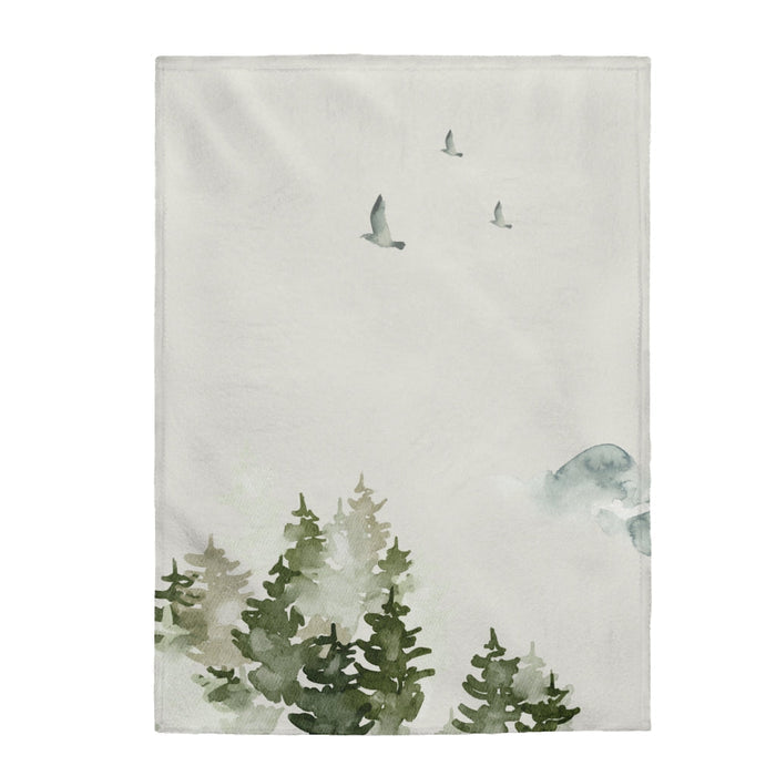 Forest Birds Plush Throw Blanket: off-white, sage green botanical leaf pattern, minimal botanical style