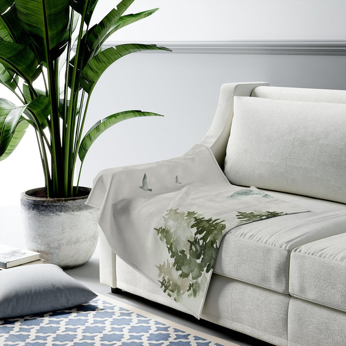 Forest Birds Plush Throw Blanket: off-white, sage green botanical leaf pattern, minimal botanical style