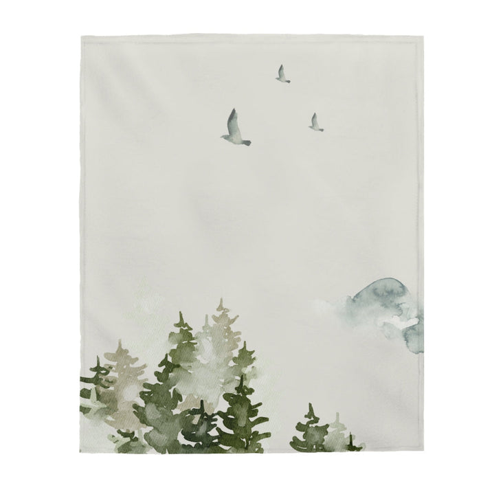 Forest Birds Plush Throw Blanket: off-white, sage green botanical leaf pattern, minimal botanical style
