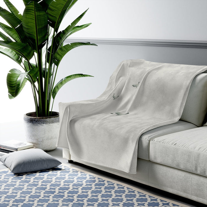 Forest Birds Plush Throw Blanket: off-white, sage green botanical leaf pattern, minimal botanical style