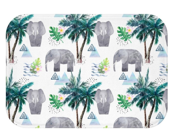 Fortunate Pachyderm Bathroom Rug Decor: white, green elephant and tropical jungle theme, cartoon watercolor tropical style