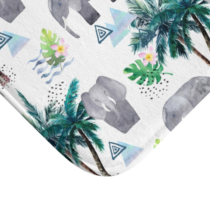 Fortunate Pachyderm Bathroom Rug Decor: white, green elephant and tropical jungle theme, cartoon watercolor tropical style
