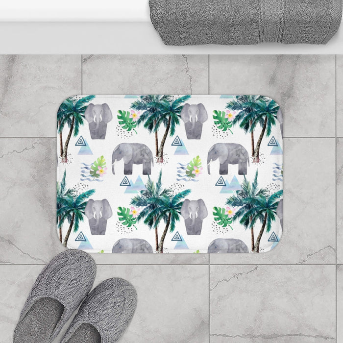 Fortunate Pachyderm Bathroom Rug Decor: white, green elephant and tropical jungle theme, cartoon watercolor tropical style