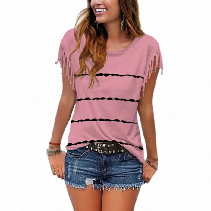 Fringed Striped Women's Top: dusty pink, black short-sleeve top, casual boho style