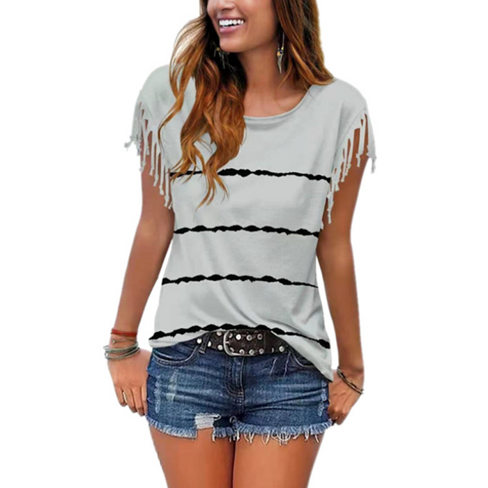 Fringed Striped Women's Top: dusty pink, black short-sleeve top, casual boho style