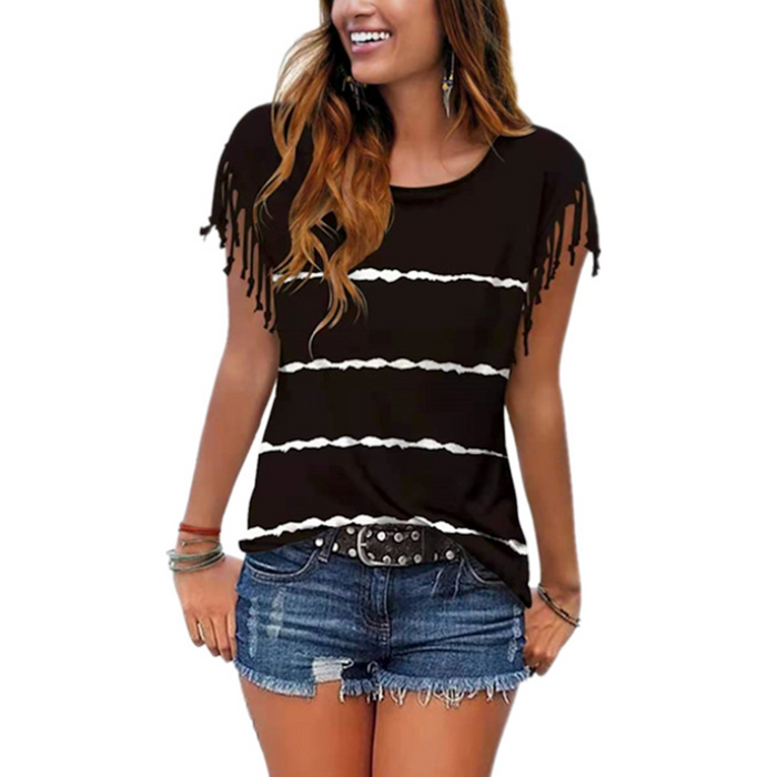 Fringed Striped Women's Top: dusty pink, black short-sleeve top, casual boho style