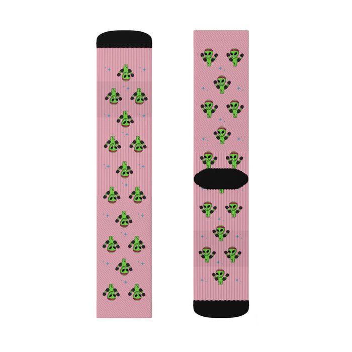 Fun Alien-Themed Novelty Socks for a Galactic Look: pink, green green alien characters, cartoon style
