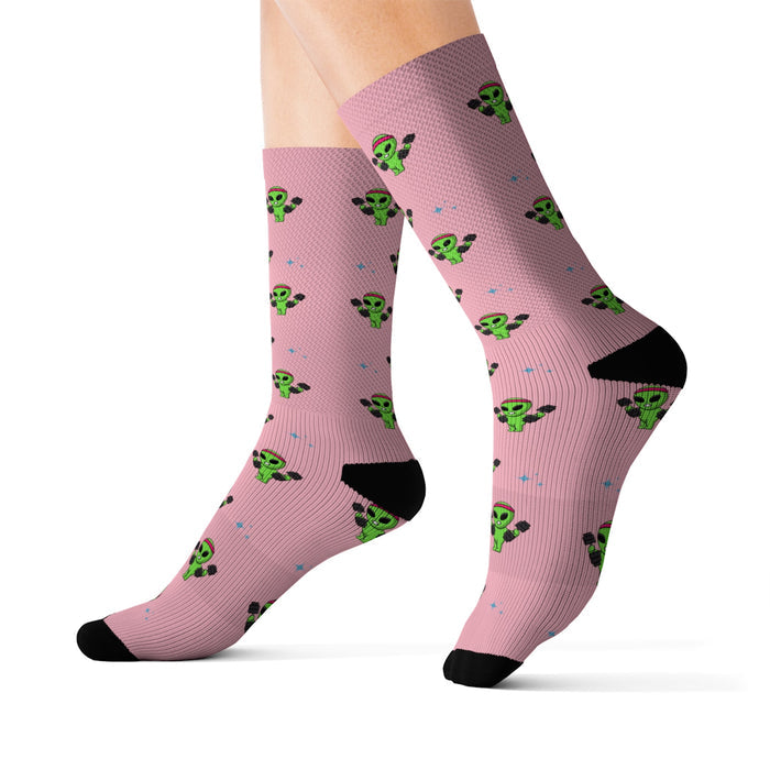 Fun Alien-Themed Novelty Socks for a Galactic Look: pink, green green alien characters, cartoon style