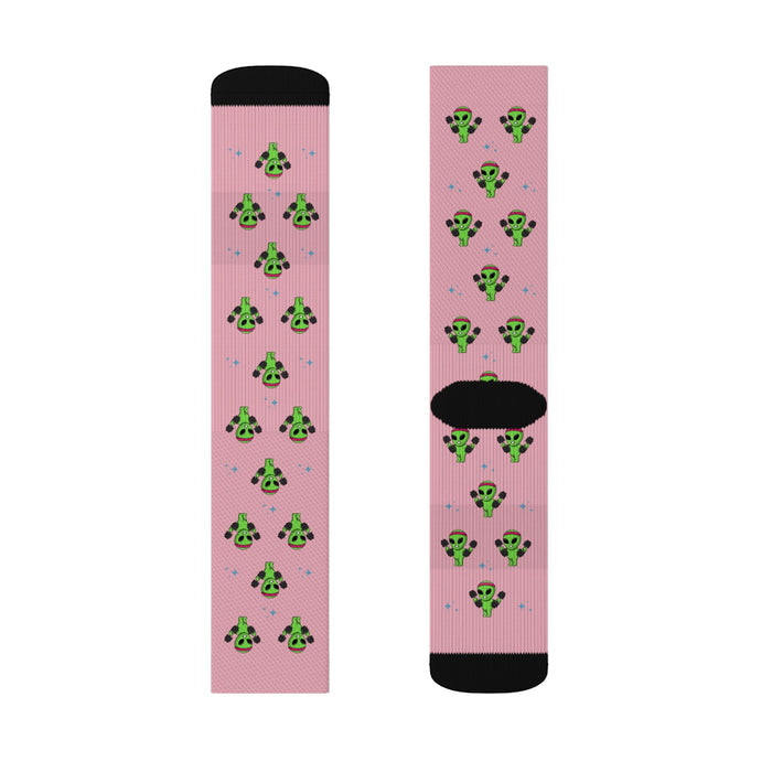Fun Alien-Themed Novelty Socks for a Galactic Look: pink, green green alien characters, cartoon style