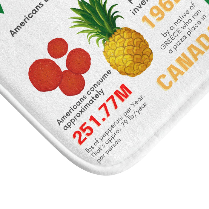 Fun Fact Bath Mat for Pizza Enthusiasts: white, red pizza theme, colorful cartoon infographic style