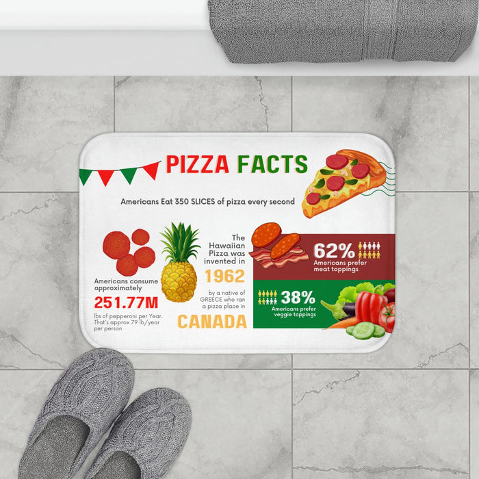 Fun Fact Bath Mat for Pizza Enthusiasts: white, red pizza theme, colorful cartoon infographic style