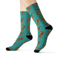 Fun Tiger Novelty Socks: teal, orange tigers, cartoon pattern style