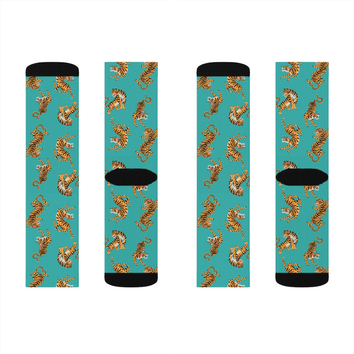 Fun Tiger Novelty Socks: teal, orange tigers, cartoon pattern style