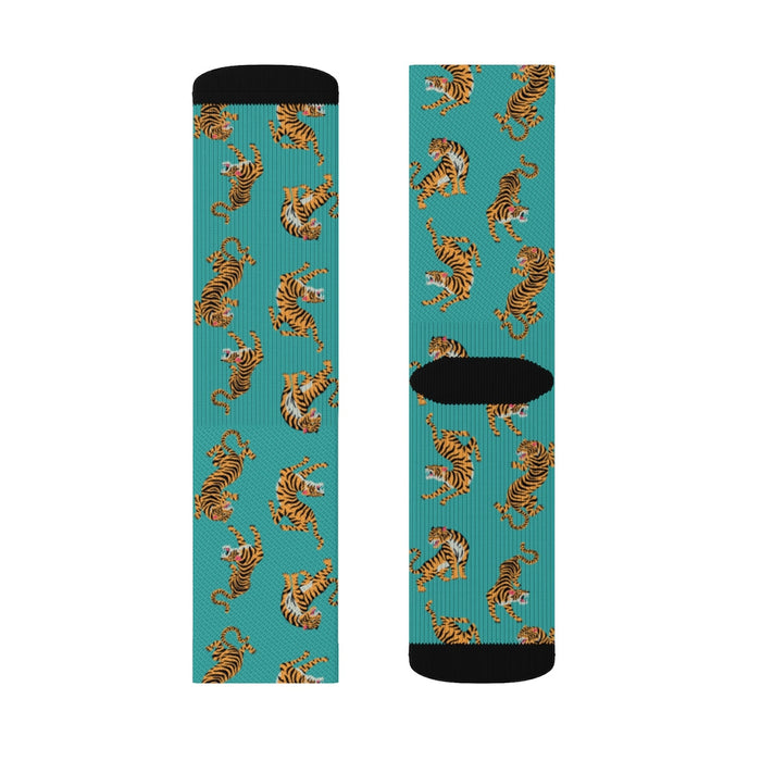 Fun Tiger Novelty Socks: teal, orange tigers, cartoon pattern style