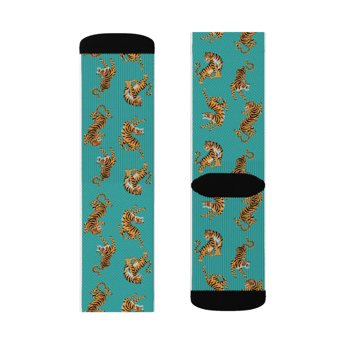 Fun Tiger Novelty Socks: teal, orange tigers, cartoon pattern style