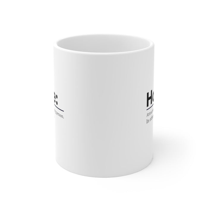 Funny Flame Mug: white, black mug, minimal typography style