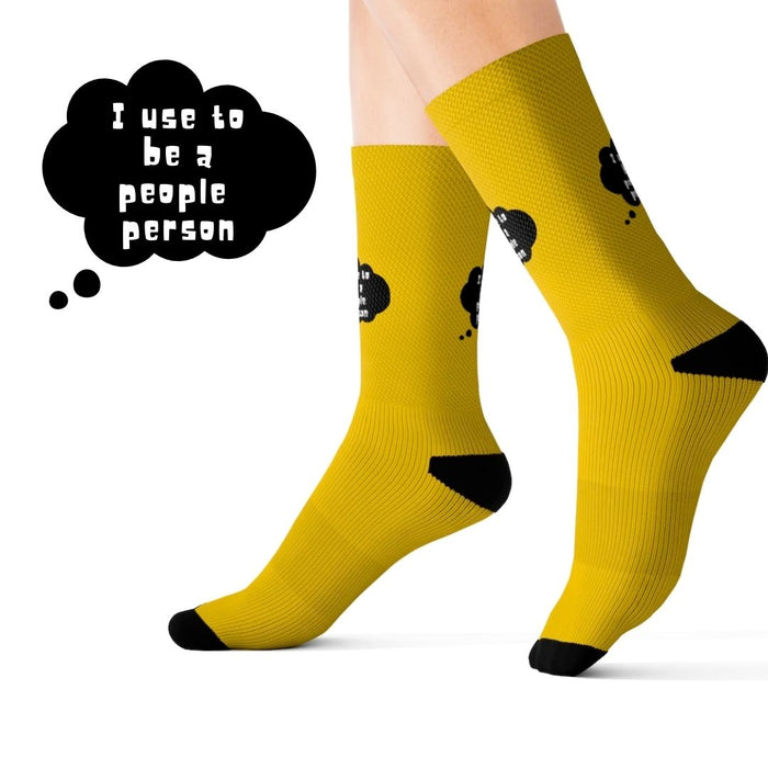 Funny Novelty Socks, Former Social Butterfly Design: yellow, black cartoon sheep-like black characters; text graphic
