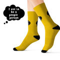 Funny Novelty Socks, Former Social Butterfly Design: yellow, black cartoon sheep-like black characters; text graphic