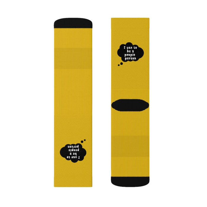 Funny Novelty Socks, Former Social Butterfly Design: yellow, black cartoon sheep-like black characters; text graphic