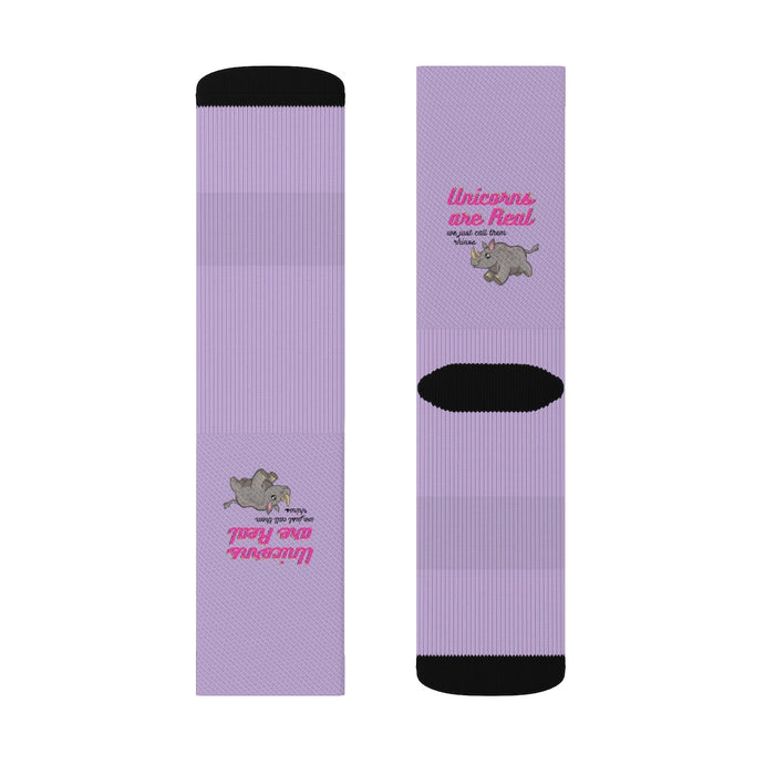 Funny Novelty Socks: Rhino Design with a Unicorn Twist: lavender, black rhinoceros/unicorn-themed graphic, cartoon, humorous