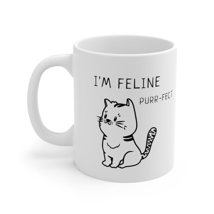 Furry Delight Mug: white, black cat, cartoon style