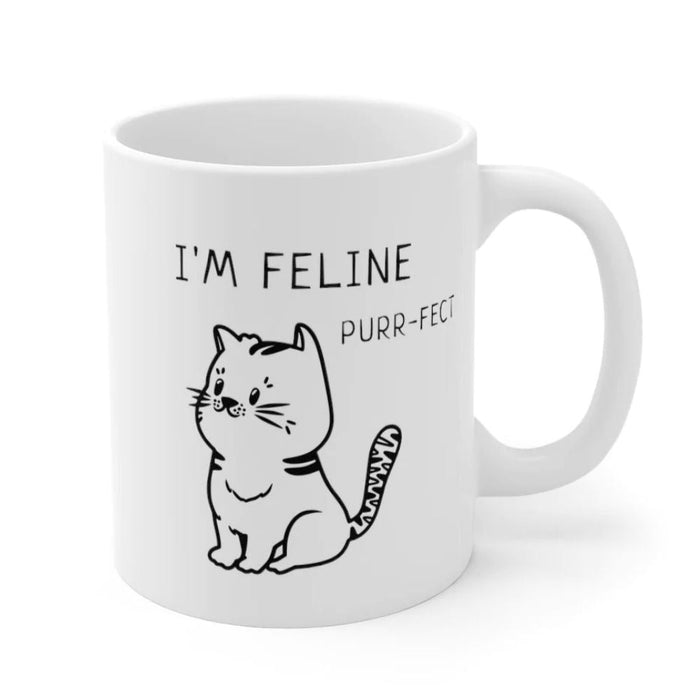 Furry Delight Mug: white, black cat, cartoon style
