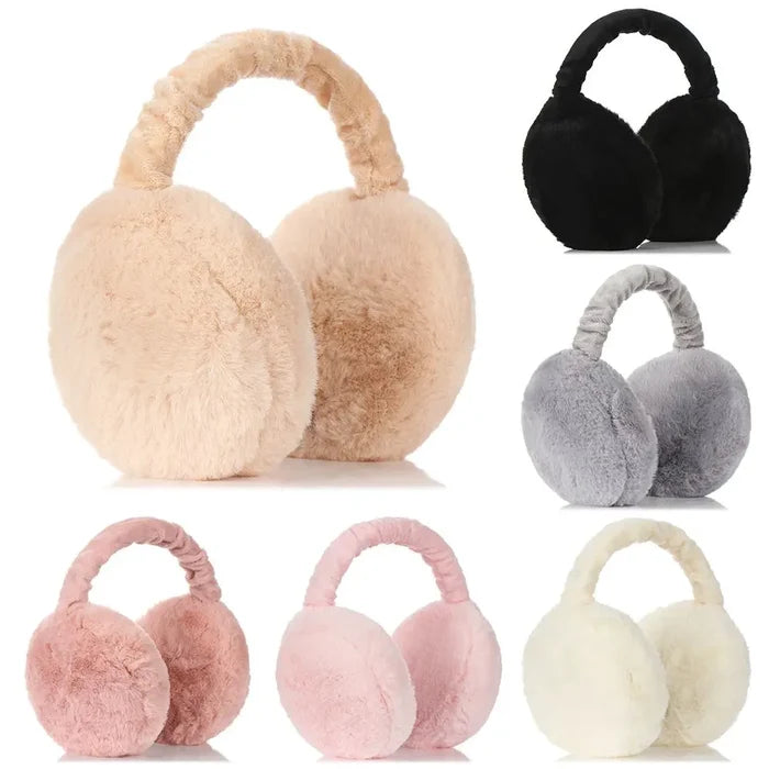 Fuzzy Ear Warmers for Winter: beige, black earmuffs, minimal cozy style