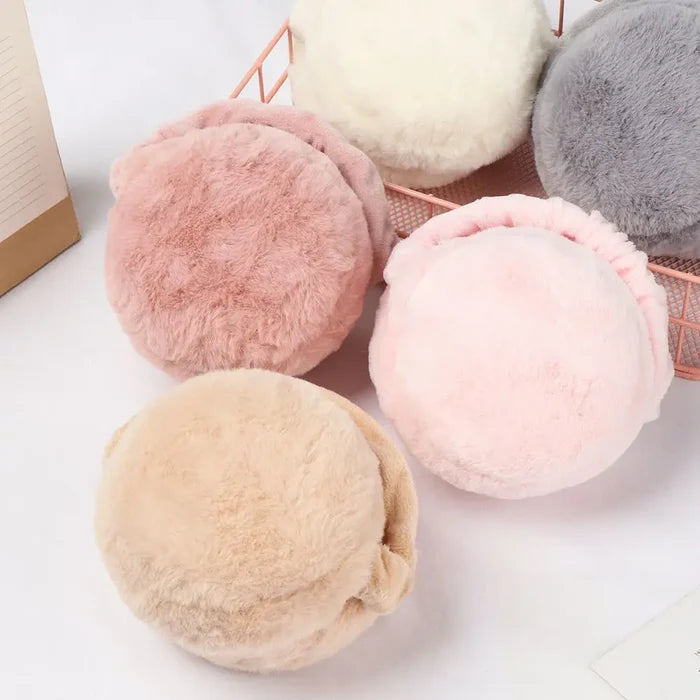 Fuzzy Ear Warmers for Winter: beige, black earmuffs, minimal cozy style