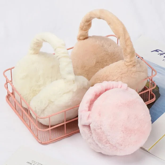 Fuzzy Ear Warmers for Winter: beige, black earmuffs, minimal cozy style
