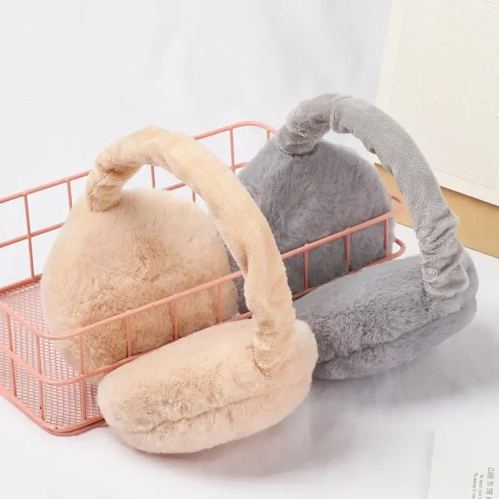 Fuzzy Ear Warmers for Winter: beige, black earmuffs, minimal cozy style