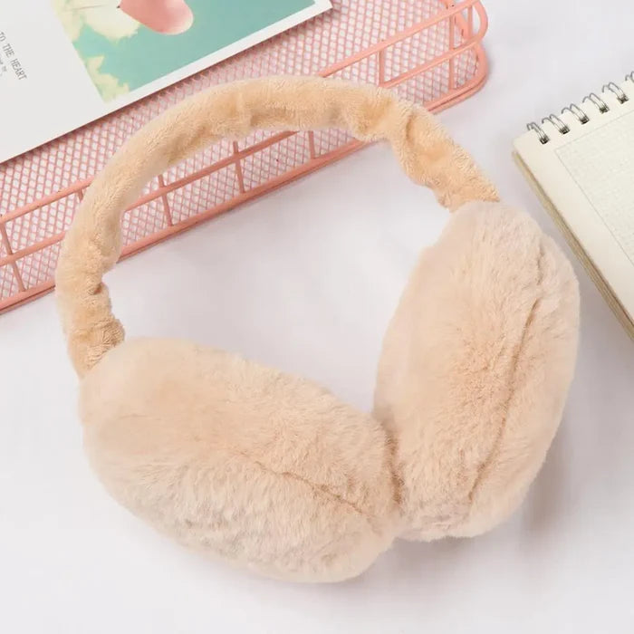 Fuzzy Ear Warmers for Winter: beige, black earmuffs, minimal cozy style