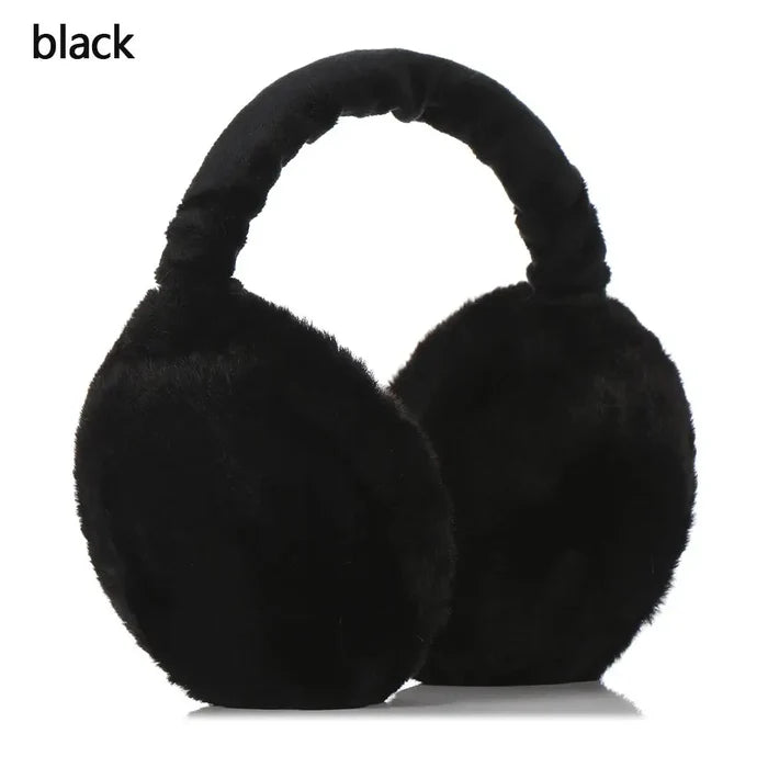 Fuzzy Ear Warmers for Winter: beige, black earmuffs, minimal cozy style