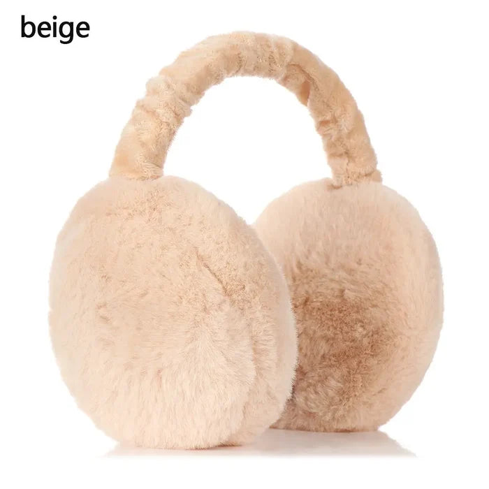 Fuzzy Ear Warmers for Winter: beige, black earmuffs, minimal cozy style