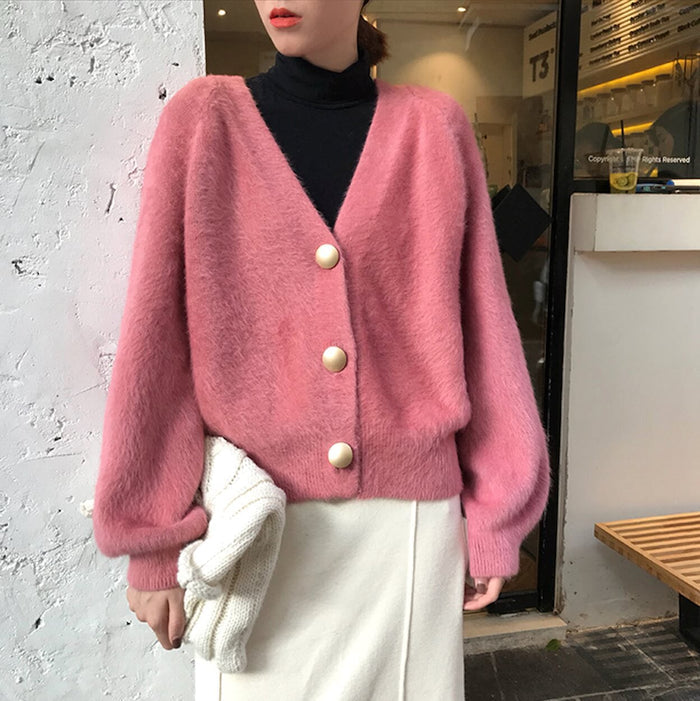 Fuzzy V-Neck Women's Cardigan: dusty pink, gold cardigan sweater, soft feminine style