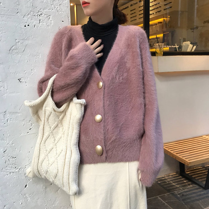 Fuzzy V-Neck Women's Cardigan: dusty pink, gold cardigan sweater, soft feminine style