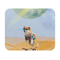 Galactic Shiba X Mouse Pad: light blue, yellow Shiba Inu dog skateboarding in a desert scene, surreal cartoon-like digital il